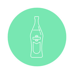 Illustration of bottle of vermouth in flat style in form of thin lines. In the form of background is circle of color drinks. Isolated object design beverage. Simple icon for restaurant, pub, party