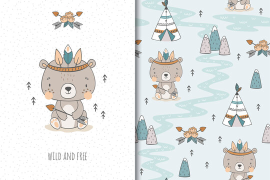 Cute baby teddy bear. Cartoon Tribal 
 forest animal character. Kids card print template and seamless background pattern. Hand drawn surface design vector illustration. 