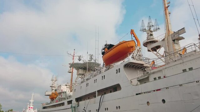 Scientific research ship Viktor Patsayev with antenna satellite and other electronic communication equipment on board. Currently it's an tourist attraction and museum exhibit in Kaliningrad, Russia.