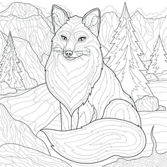 Fox and nature.Mountains, river and spruce.Coloring book antistress for children and adults. Illustration isolated on white background.Zen-tangle style.