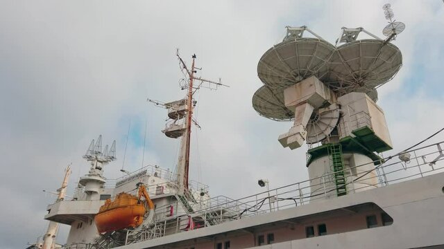 Antenna satellite dish and other electronic equipment on board of scientific research vessel Viktor Patsayev designed for space communication. Currently it's an museum exhibit in Kaliningrad, Russia.