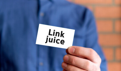 A man in a blue shirt holds a sign with the text of Link juice in one hand