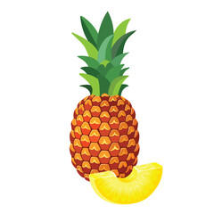 A whole pineapple with a piece on a white background. Vector illustration.