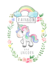 Rainbow and Unicorn in Floral Wreath Frame Illustration