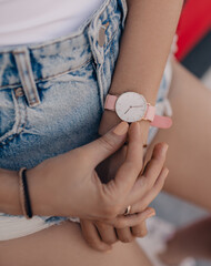 Fashion watch on woman hand. Close-up photo.