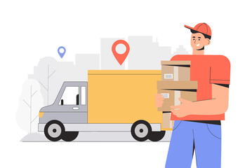 Fast and free shipping. concept, delivery man holding box, truck on background. Flat style vector illustration.