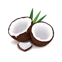 Vector illustration with coconut halves and pieces on a white background. Suitable for packaging design of coconut oil.