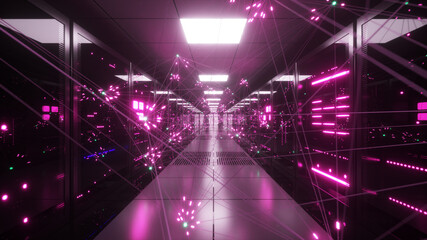 Obraz na płótnie Canvas Digital information travels through fiber optic cables through the network and data servers behind glass panels in the server room of the data center. High speed digital lines. 3d illustration