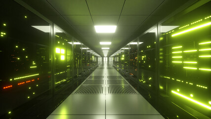 Digital information flows through the network and data servers behind glass panels in the server room of the data center. 3d illustration