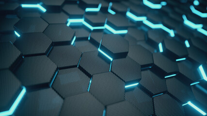 Abstract trendy sci-fi technology background with hexagonal pattern. Futuristic surface concept with hexagons. 3d illustration