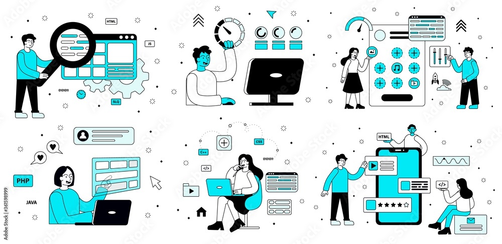 Poster set of computer programming scenes in blue and black showing software technicians performing various