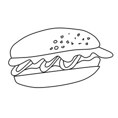 Sketch of a delicious hamburger isolated on a white background. Vector illustration in Doodle style. Outline drawing food from a fast food restaurant.