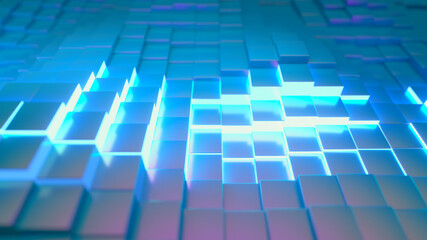 Abstract technology background for business presentations. Randomly moving cubes. Bright neon glow in the middle. 3d illustration