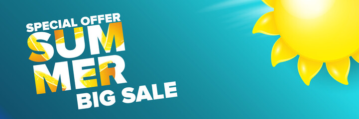 vector summer sale horizontal web banner or poster. Summer sale label with typographic text on azure background