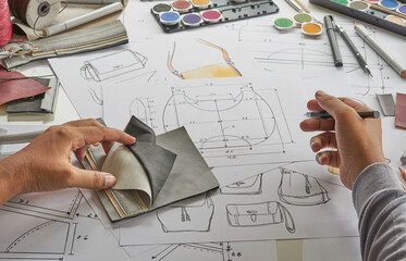 Designer stylish sketch Drawn design template pattern made leather clutch bag handbag purse Woman...