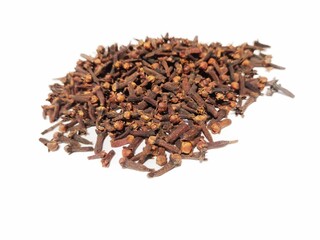 dried cloves heap isolated on white background space for text.
