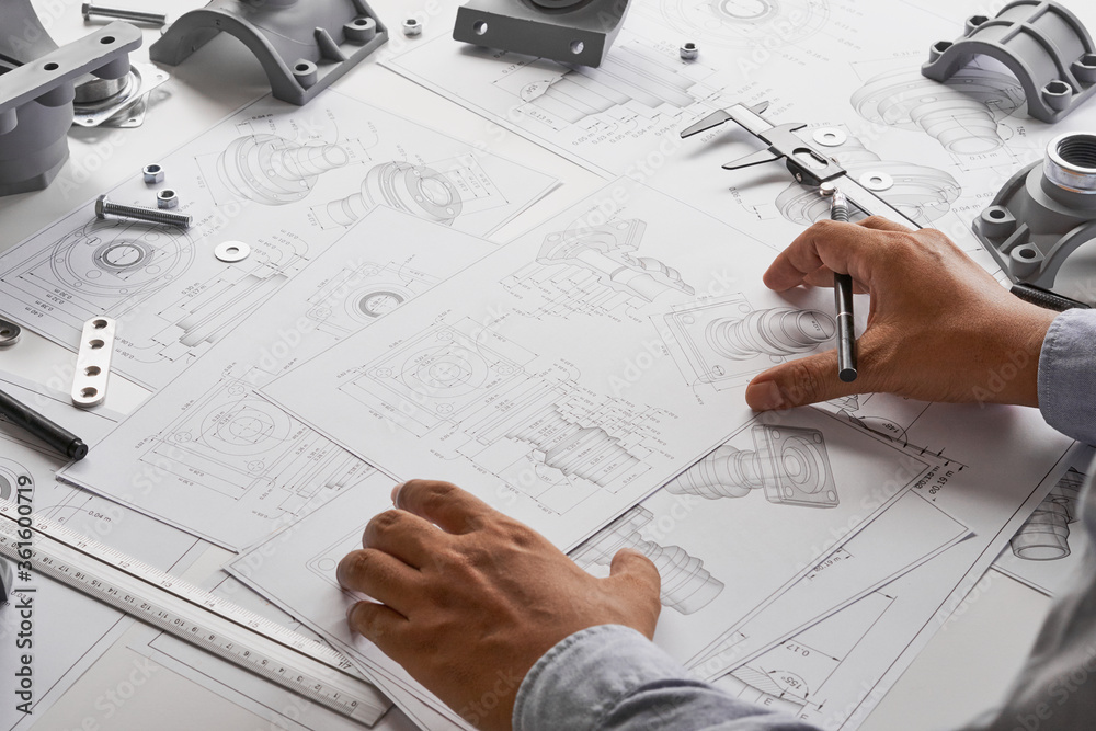 Poster engineer technician designing drawings mechanical parts engineering engine.manufacturing factory ind