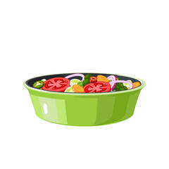 Food preparation. Sliced vegetables in green round baking pan. Kitchen utensil. Vector illustration cartoon flat icon isolated on white background.