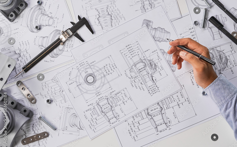 Poster Engineer technician designing drawings mechanical parts engineering Engine.manufacturing factory Industry Industrial work project blueprints measuring bearings caliper tools