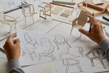 Designer sketching drawing design development product plan draft chair armchair Wingback Interior...