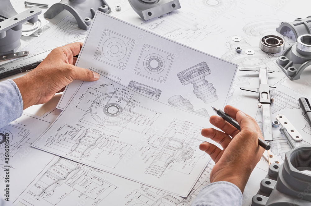 Poster engineer technician designing drawings mechanical parts engineering engine.manufacturing factory ind