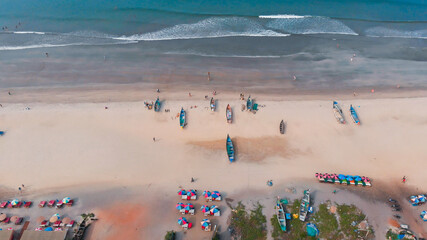 Aerial drone view of Arambol beach at Goa. India.