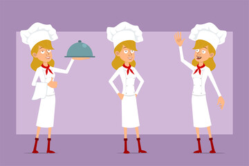 Cartoon flat funny chef cook woman character in white uniform and baker hat. Ready for animation. Girl holding tray, showing hello and thumbs up gesture. Isolated on violet background. Vector set.