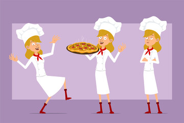 Cartoon flat chef cook woman character in white uniform and baker hat. Ready for animation. Girl dancing, holding italian pizza with salami and mushrooms. Isolated on violet background. Vector set.