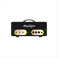 Isolated boutique black vintage electric guitar amplifier, equipment for musician flat logo or icon style, print for tee-shirt and graphic design, Musical sales business. vector and illustration.