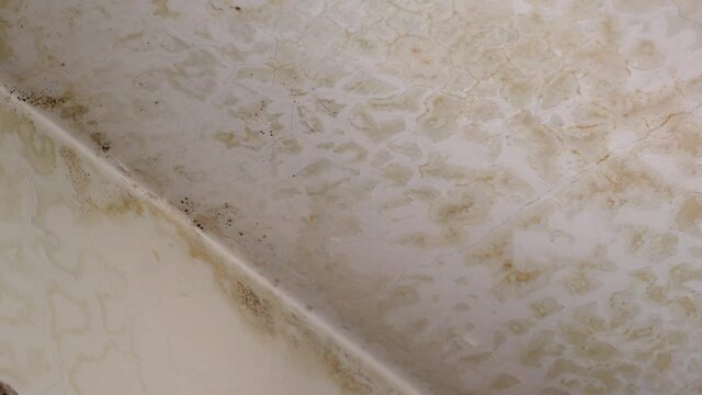 Formation of dirty brown spots on the apartment ceiling, wet mold damaging roof. Mould destroying ceiling plaster, water cracks formation. Leakage destructing apartment walls, water drops and bubbles