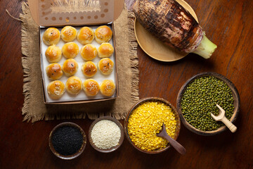 Chinese pastry filled with mung bean paste, taro, and salted egg.