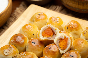 Chinese pastry filled with mung bean paste, taro, and salted egg.