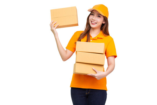 Asian delivery woman holding parcel box in orange uniform isolated on white background