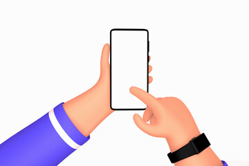 Two hands holding smartphone mockup with blank white screen. Trendy cartoon 3d render illustration. Communication app concept on white background. 