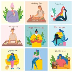Women activities backgrounds. Women doing yoga, cooking, reading and working concept in the modern flat style