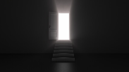 3d render shine of an open door with steps in a dark room