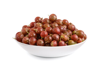 ripe gooseberries in a plate close-up on a white background, horizontal view