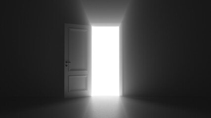 3d render open door shine in dark room