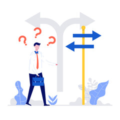 Confused businessman standing at a crossroads and looking directional sign arrows. Symbol for choice, career path or opportunities, business concept decision. Modern flat style illustration