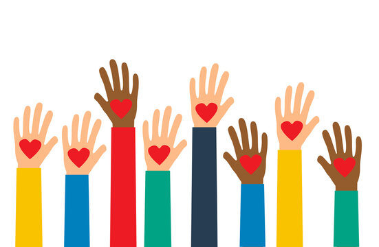 hands with hearts, raised hands, volunteering concept vector illustration