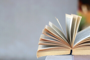 Open book on a table. Selective focus, gray background.