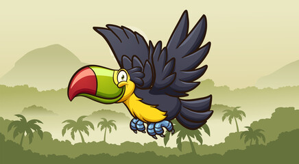 Happy cartoon toucan flying on a foggy jungle in the morning. Vector clip art illustration with simple gradients. Some elements on separate layers. 

