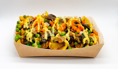 Isolated Skin On Poutine Fries With Vegan / Vegetarian Topping In Cardboard Box