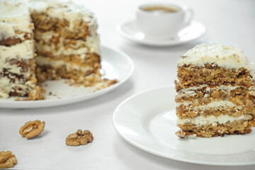 Delicious carrot cake with a cup of coffee, food photo.