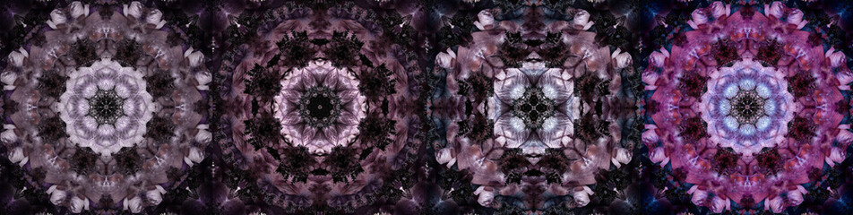 Collage of four ornamental flora mandalas made of macros of dark red violet pink anemone blossoms...