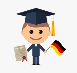 Cartoon graduate with graduation cap holds diploma and flag of Germany