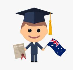 Cartoon graduate with graduation cap holds diploma and flag of Australia