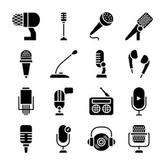 earphones and microphones icon set, silhouette style