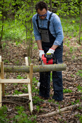middle-aged man in overalls saws wood with chain saw using sawhorse in background of fallen leaves. Hand harvesting of firewood in forest. jack of all trades concept