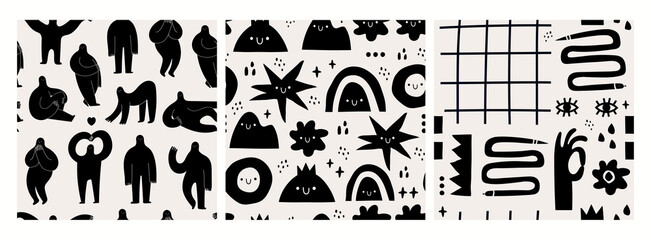 Hand drawn various Shapes and Doodle objects, shadows. Abstract contemporary modern trendy Vector illustrations. Set of three Seamless Patterns, Backgrounds, Wallpapers. Black monochrome concept
